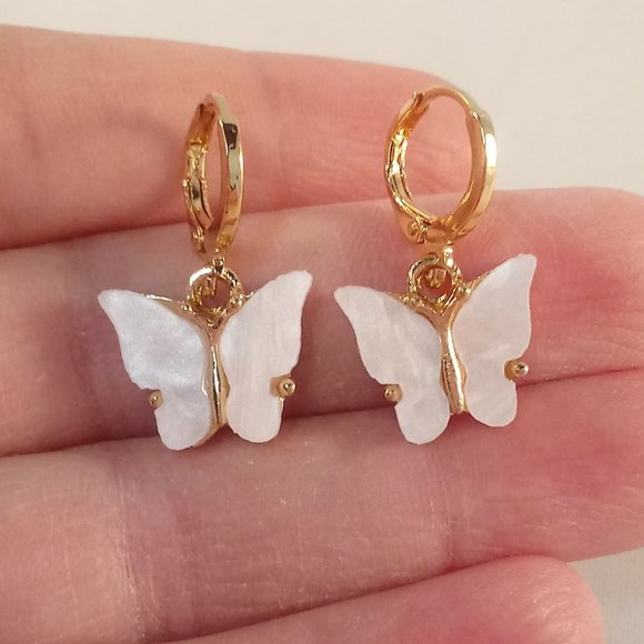 Gold Plated White Opal Resin Butterfly Dangle Earrings 12mm Womens - Picture 1 of 2
